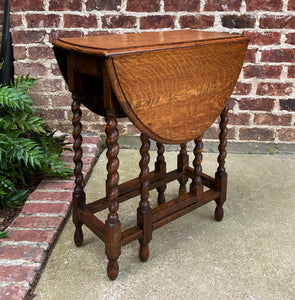 Antique English Drop Leaf Gateleg Barley Twist Nightstand Oval Honey Oak c.1920s