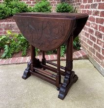 Load image into Gallery viewer, Antique English Table Drop Leaf Gateleg Turned Post Carved Top Trestle Base Oak