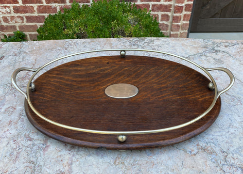 Antique English Oak and Silver Serving Tray Platter OVAL Trophy Tray