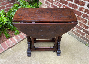 Antique English Table Drop Leaf Gateleg Turned Post Carved Top Trestle Base Oak