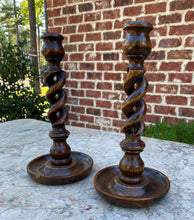 Load image into Gallery viewer, Antique English Candlesticks Candle Holders Open BARLEY TWIST Oak PAIR