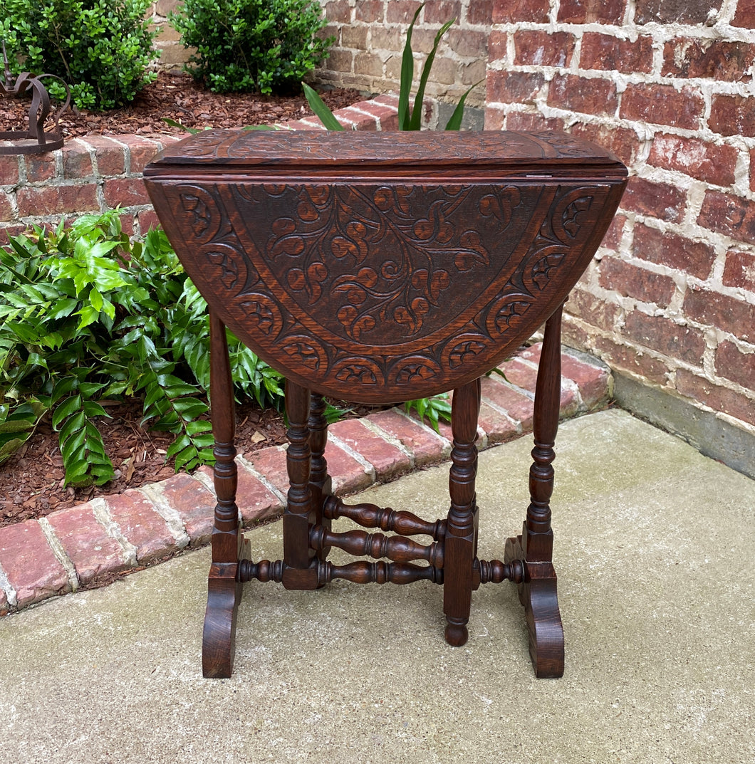 Antique English Table Drop Leaf Gateleg Oval Carved Top Trestle Base