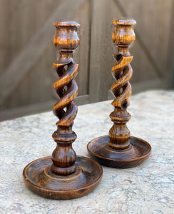 Antique English Candlesticks Candle Holders Open BARLEY TWIST Oak PAIR