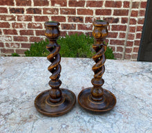 Load image into Gallery viewer, Antique English Candlesticks Candle Holders Open BARLEY TWIST Oak PAIR