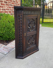 Load image into Gallery viewer, Antique English Corner Cabinet Carved Oak Hanging Wall Cabinet Large Storage 19C