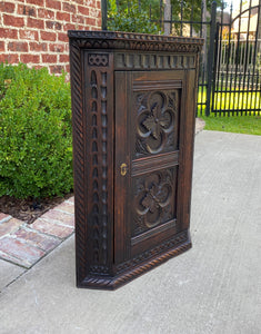 Antique English Corner Cabinet Carved Oak Hanging Wall Cabinet Large Storage 19C