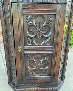 Antique English Corner Cabinet Carved Oak Hanging Wall Cabinet Large Storage 19C