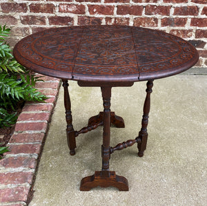 Antique English Table Drop Leaf Gateleg Oval Carved Top Trestle Base