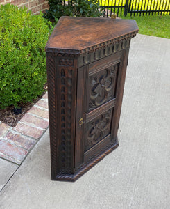 Antique English Corner Cabinet Carved Oak Hanging Wall Cabinet Large Storage 19C