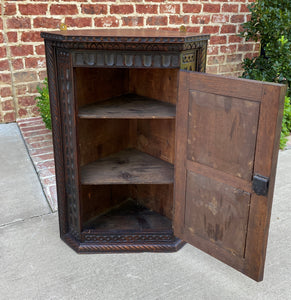 Antique English Corner Cabinet Carved Oak Hanging Wall Cabinet Large Storage 19C