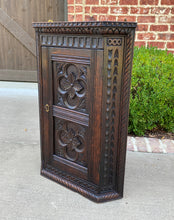 Load image into Gallery viewer, Antique English Corner Cabinet Carved Oak Hanging Wall Cabinet Large Storage 19C