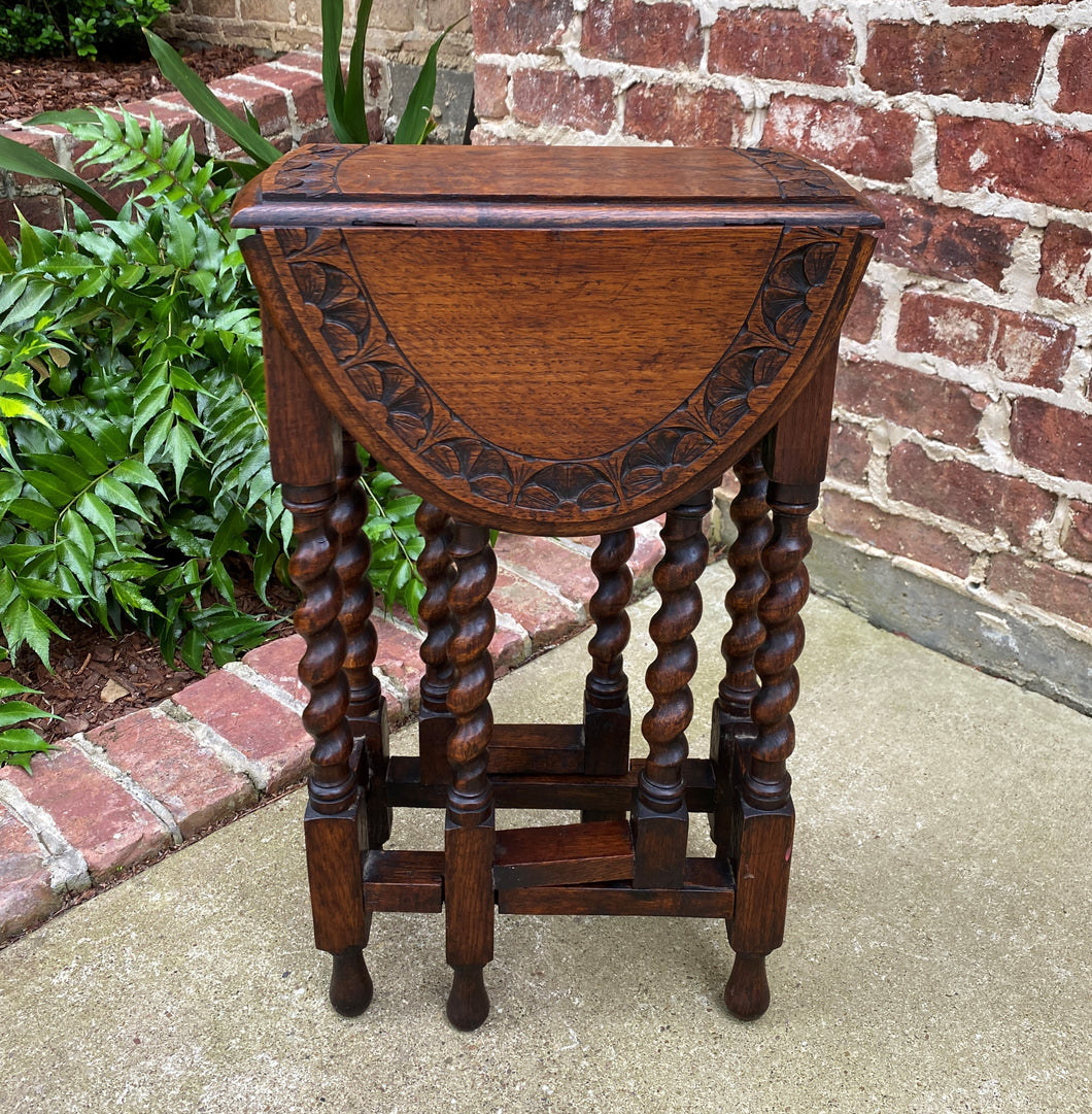 Antique English Table Drop Leaf Gateleg SUPER PETITE Barley Twist Oak Carved Top