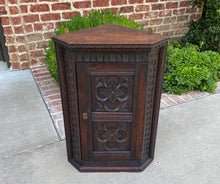 Load image into Gallery viewer, Antique English Corner Cabinet Carved Oak Hanging Wall Cabinet Large Storage 19C