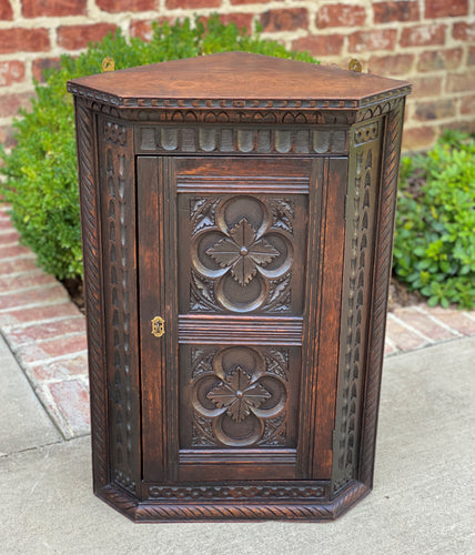 Antique English Corner Cabinet Carved Oak Hanging Wall Cabinet Large Storage 19C