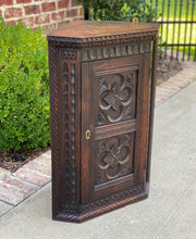 Load image into Gallery viewer, Antique English Corner Cabinet Carved Oak Hanging Wall Cabinet Large Storage 19C