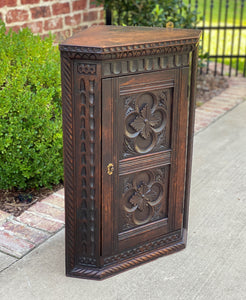 Antique English Corner Cabinet Carved Oak Hanging Wall Cabinet Large Storage 19C