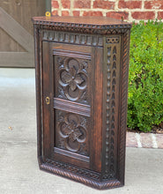 Load image into Gallery viewer, Antique English Corner Cabinet Carved Oak Hanging Wall Cabinet Large Storage 19C