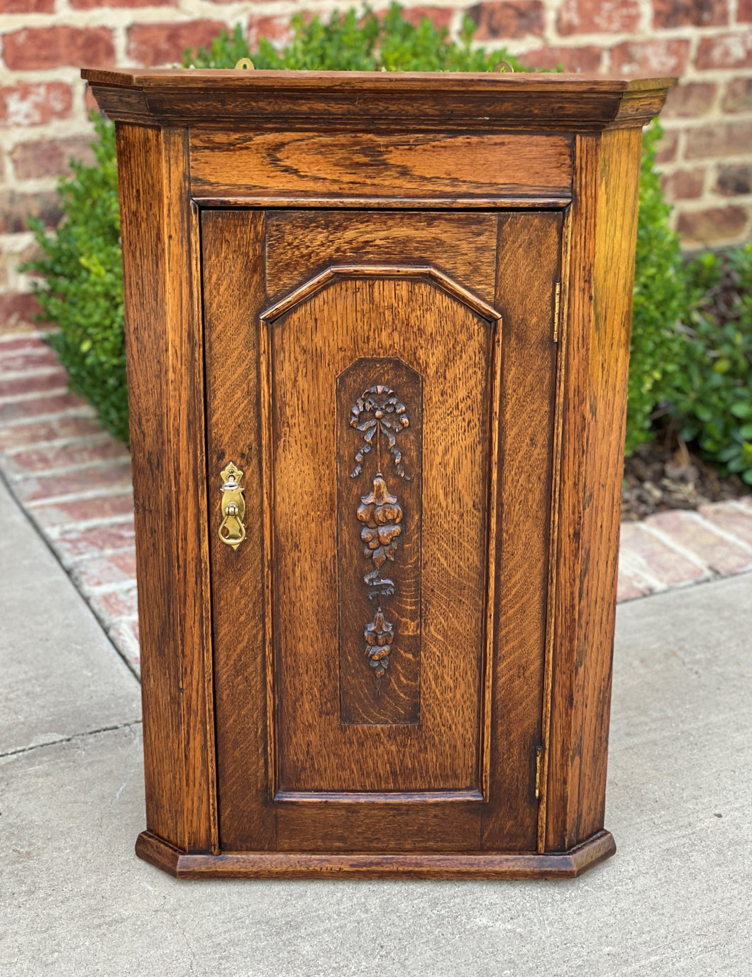 Antique English Corner Cabinet Tiger Oak Wall Hanging Cabinet Storage Large 19C