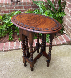 Antique English Table Drop Leaf Gateleg SUPER PETITE Barley Twist Oak Carved Top