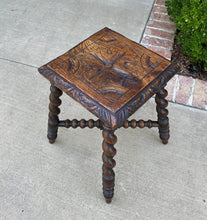 Load image into Gallery viewer, Antique English Stool Footstool Small Bench BARLEY TWIST Legs Carved Top Oak