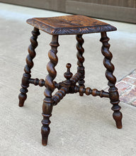 Load image into Gallery viewer, Antique English Stool Footstool Small Bench BARLEY TWIST Legs Carved Top Oak