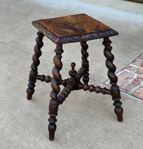 Antique English Stool Footstool Small Bench BARLEY TWIST Legs Carved Top Oak