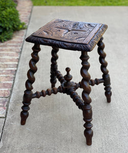 Antique English Stool Footstool Small Bench BARLEY TWIST Legs Carved Top Oak