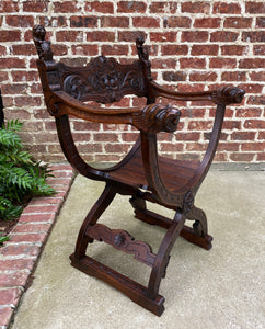 Antique Italian Savonarola Dante Chair Carved Oak Renaissance Lion Shield 19th C