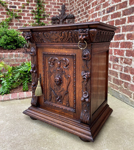 Antique French Nightstand End Table Cabinet Carved Oak Lions Renaissance 19th C