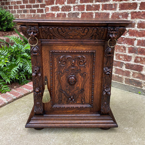 Antique French Nightstand End Table Cabinet Carved Oak Lions Renaissance 19th C