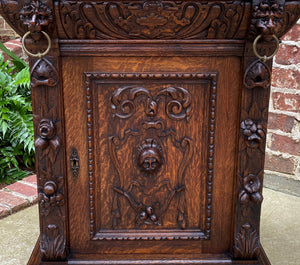 Antique French Nightstand End Table Cabinet Carved Oak Lions Renaissance 19th C