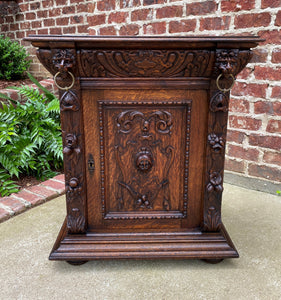 Antique French Nightstand End Table Cabinet Carved Oak Lions Renaissance 19th C