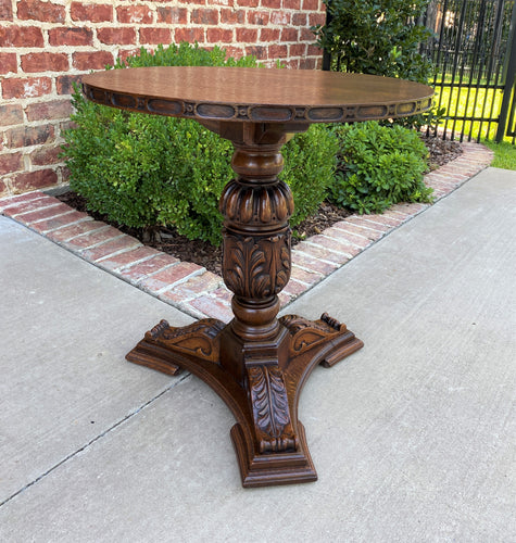 Antique English ROUND Table Pedestal End Occasional Table Nightstand Carved Oak