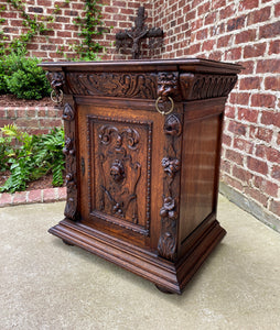 Antique French Nightstand End Table Cabinet Carved Oak Lions Renaissance 19th C