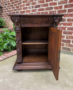 Antique French Nightstand End Table Cabinet Carved Oak Lions Renaissance 19th C