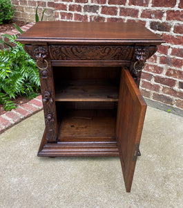 Antique French Nightstand End Table Cabinet Carved Oak Lions Renaissance 19th C