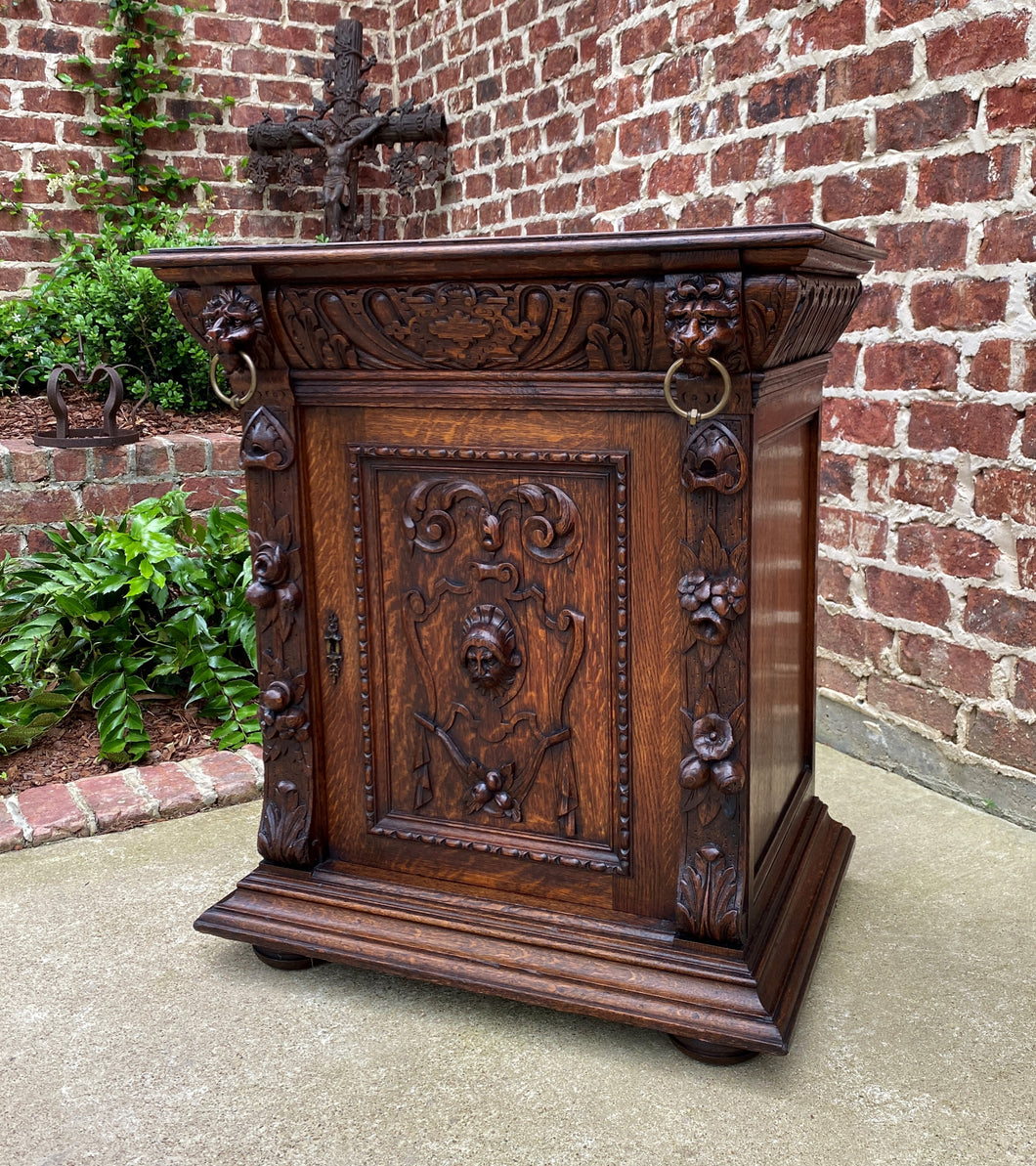 Antique French Nightstand End Table Cabinet Carved Oak Lions Renaissance 19th C