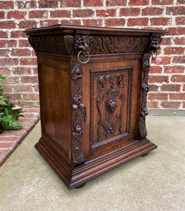 Antique French Nightstand End Table Cabinet Carved Oak Lions Renaissance 19th C