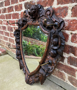 Antique English Mirror Renaissance Revival Oak Frame Shield Shape Lion Wood Back