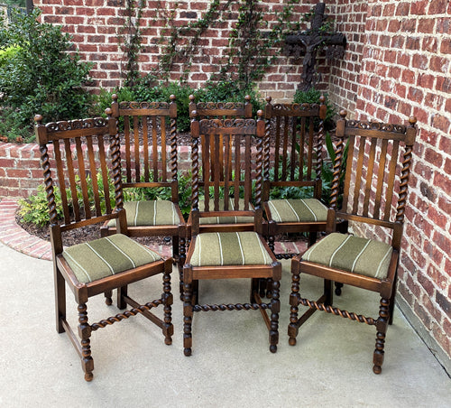 Antique English Chairs SET OF 6 Barley Twist Oak Green Upholstered Seats 1930s