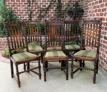 Load image into Gallery viewer, Antique English Chairs SET OF 6 Barley Twist Oak Green Upholstered Seats 1930s