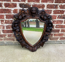 Load image into Gallery viewer, Antique English Mirror Renaissance Revival Oak Frame Shield Shape Lion Wood Back