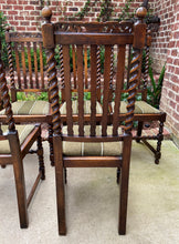 Load image into Gallery viewer, Antique English Chairs SET OF 6 Barley Twist Oak Green Upholstered Seats 1930s