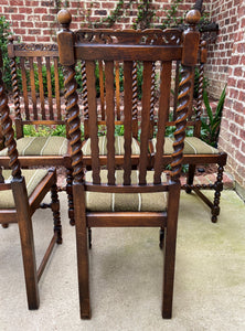 Antique English Chairs SET OF 6 Barley Twist Oak Green Upholstered Seats 1930s