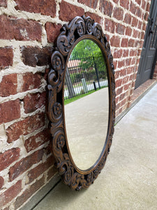 Antique English Mirror OVAL Carved Oak Frame Wood Back Edwardian Era