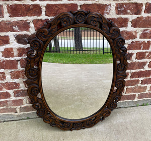 Antique English Mirror OVAL Carved Oak Frame Wood Back Edwardian Era