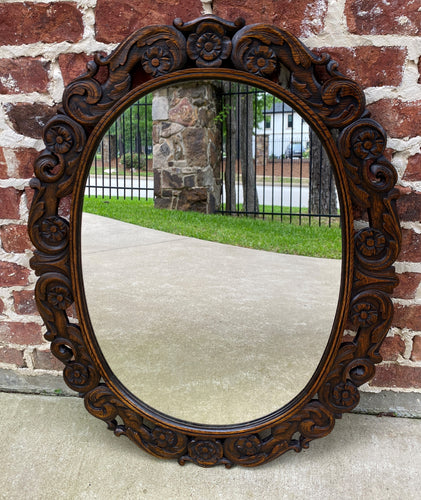 Antique English Mirror OVAL Carved Oak Frame Wood Back Edwardian Era