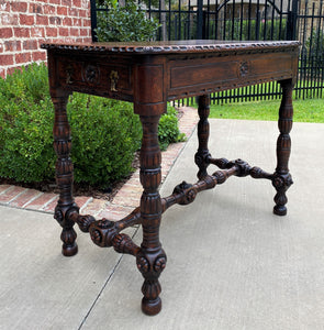 Antique English Table Console Entry Sofa Foyer w Drawers Carved Oak Mid 19th C