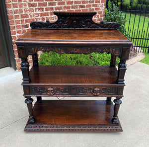 Antique English Server Sideboard Buffet 3-Tier Gothic Revival Oak 2 Drawers 1890