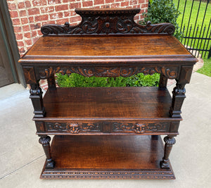 Antique English Server Sideboard Buffet 3-Tier Gothic Revival Oak 2 Drawers 1890